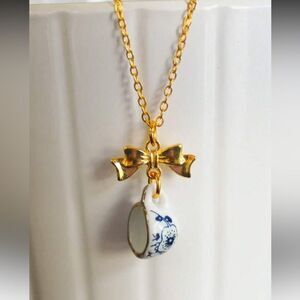 Gold and Blue Bow Pendant Necklace S926